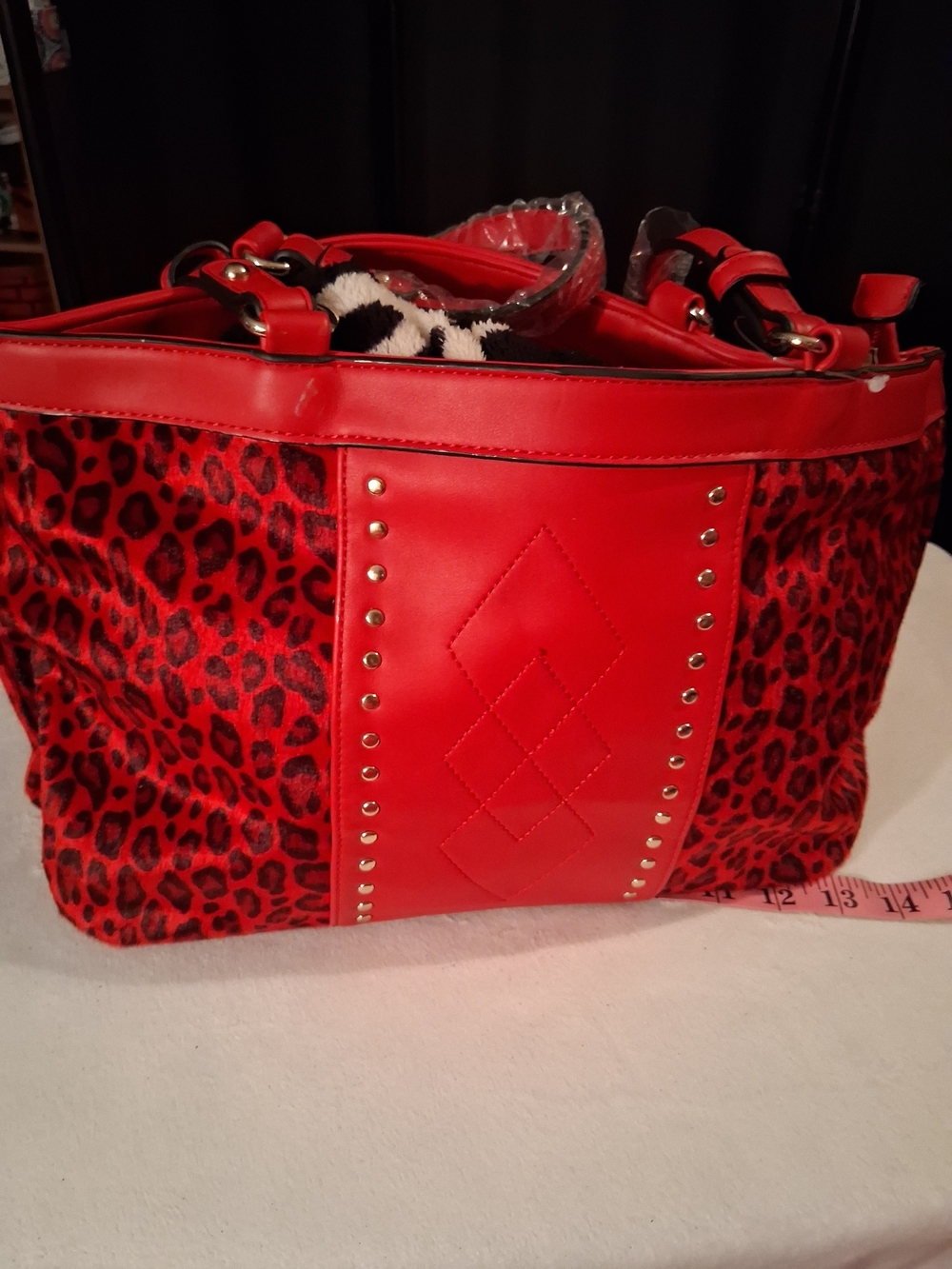Red Leopard Print Studded Tote Bag - Women Call Out Peeling On Zipper On The Bac